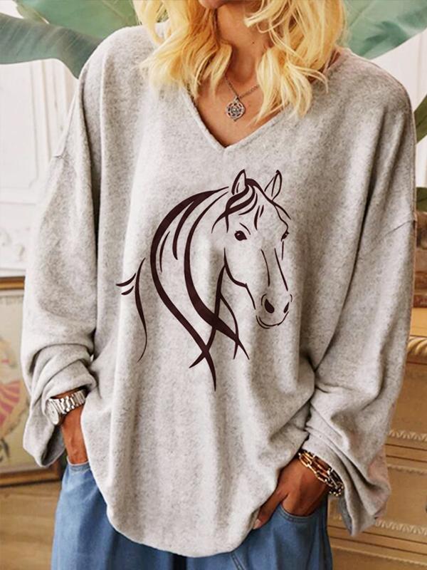 Stick Figure Horse Print Casual V-Neck Long Sleeve T-Shirt