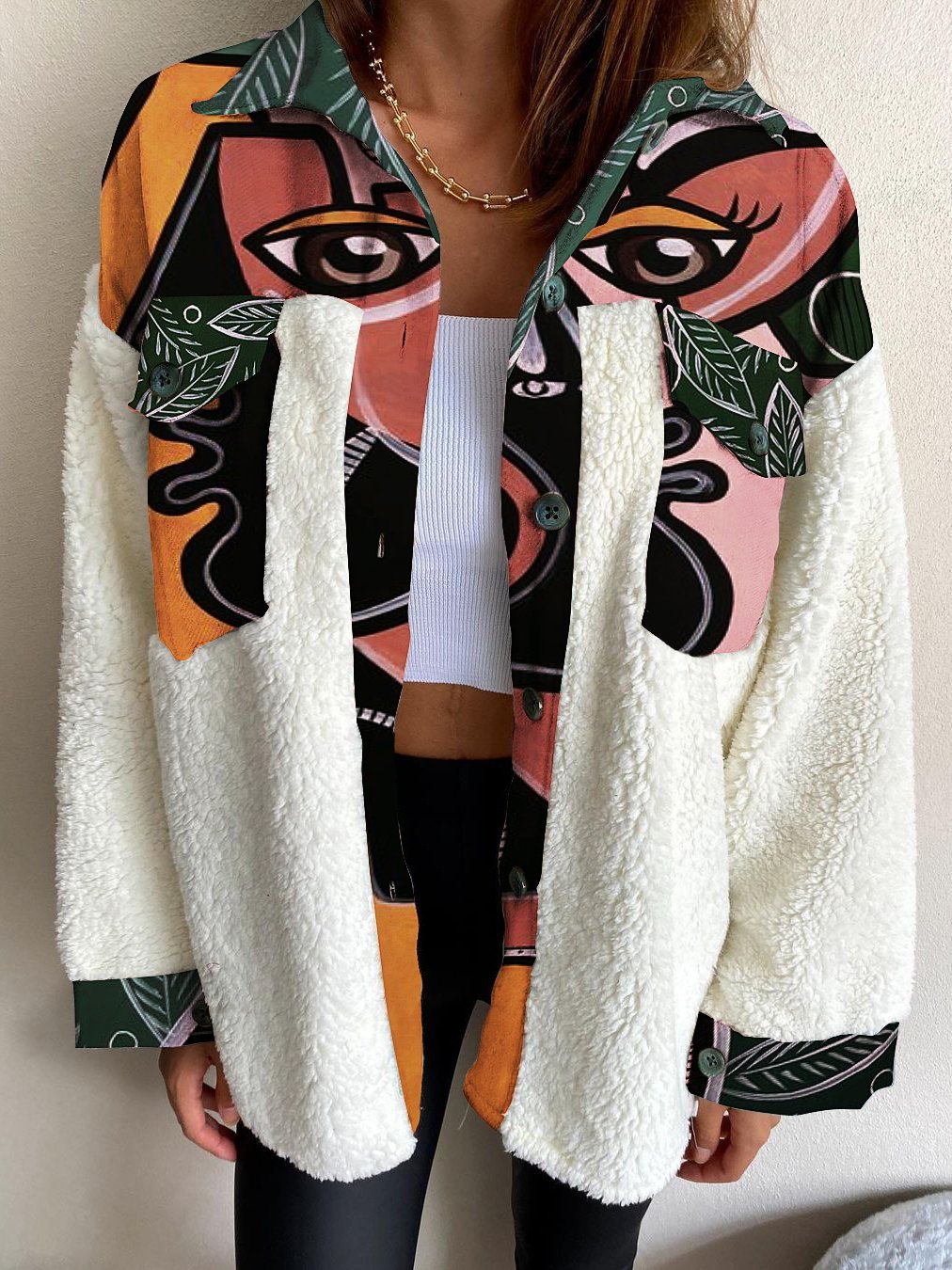 Fashion pocket printing stitching lambswool jacket