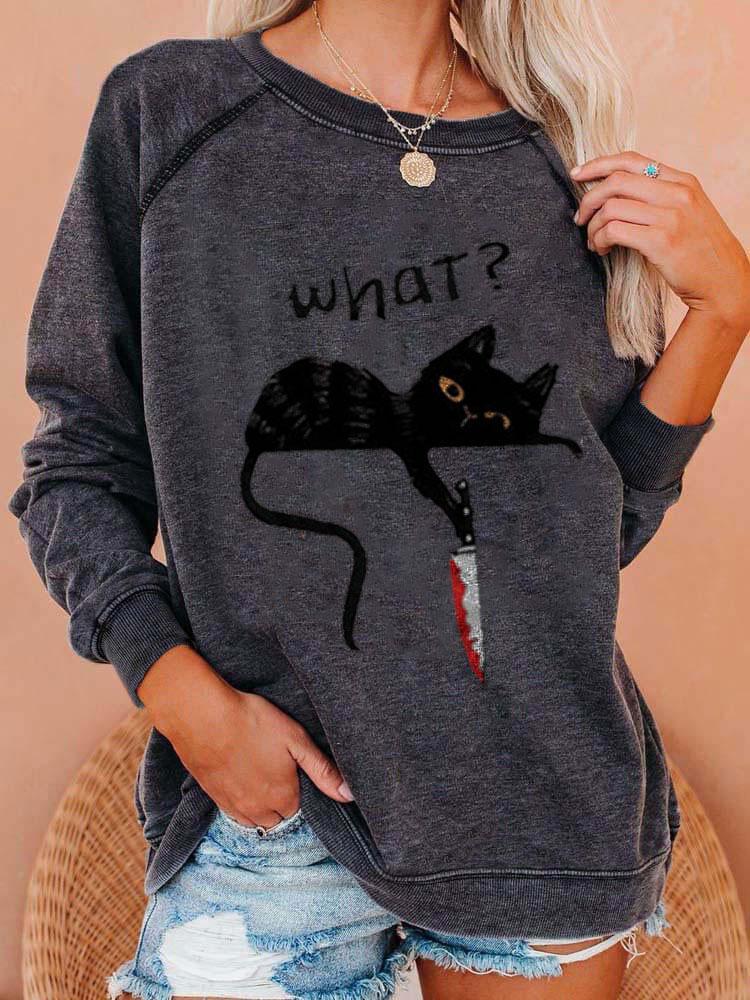 Ladies What? Black Cat Print Sweatshirt