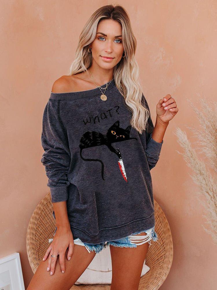 Ladies What? Black Cat Print Sweatshirt