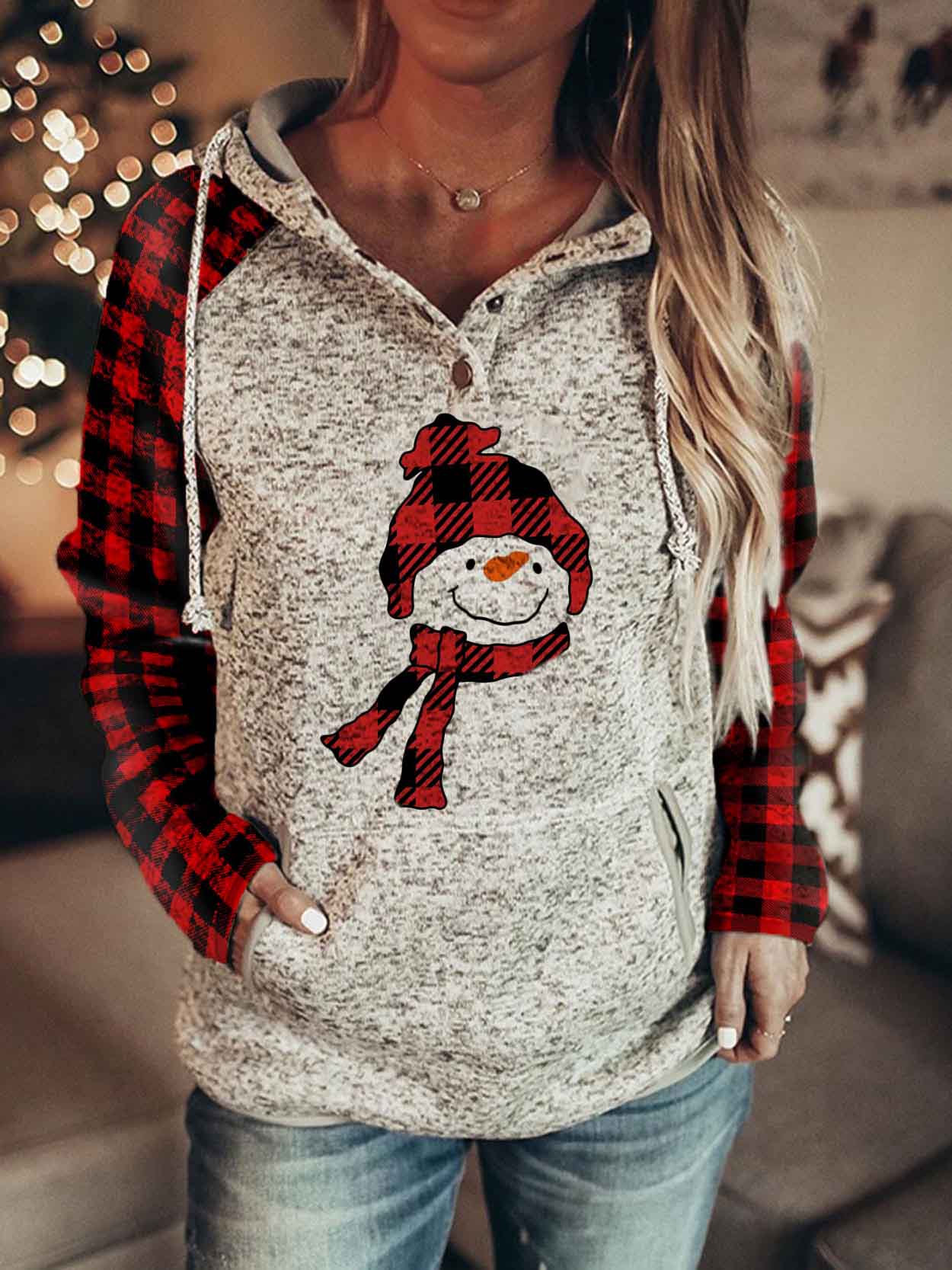 Women's Christmas Plaid Printed Snowman Comfortable Hoodie