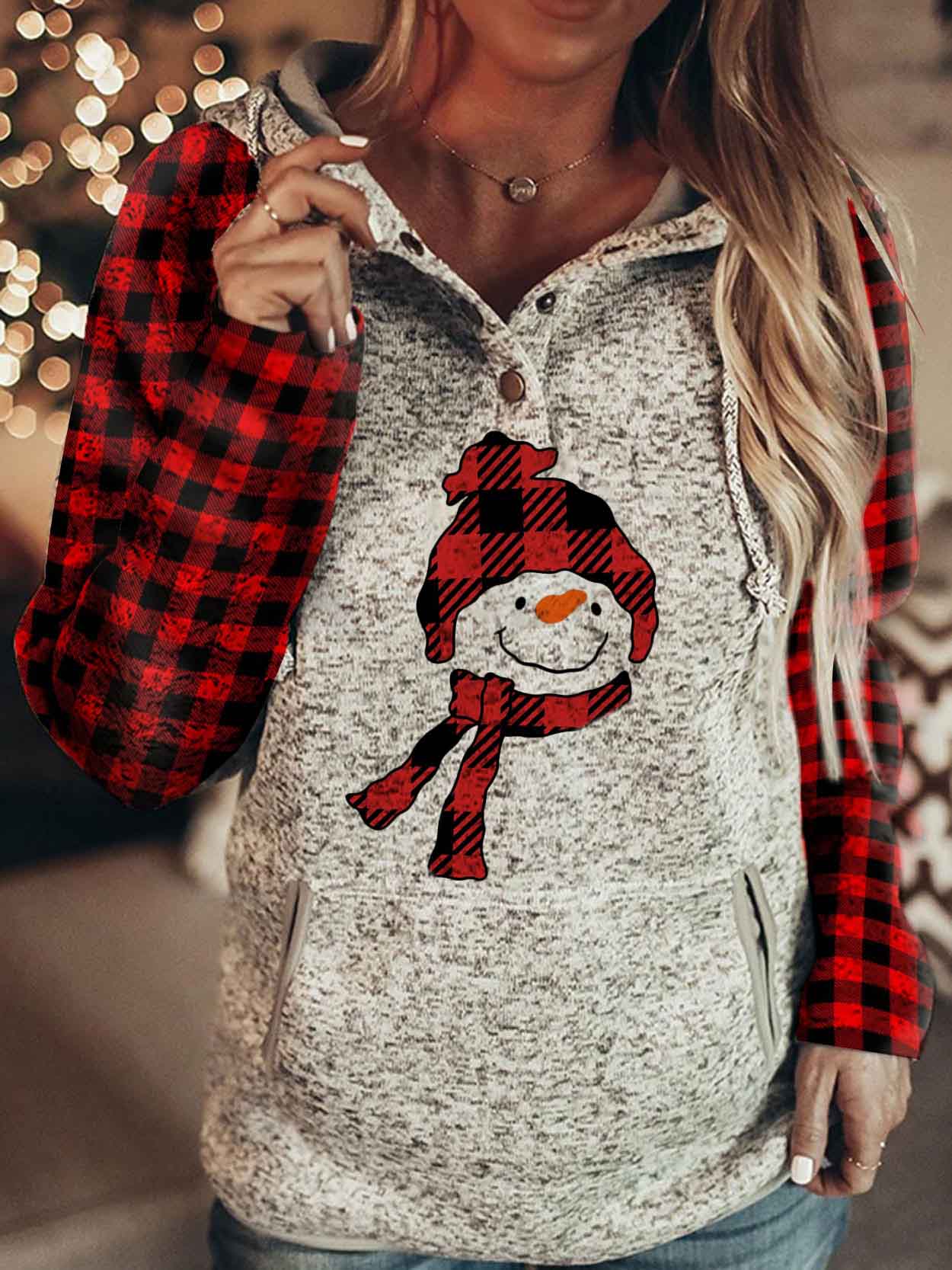 Women's Christmas Plaid Printed Snowman Comfortable Hoodie
