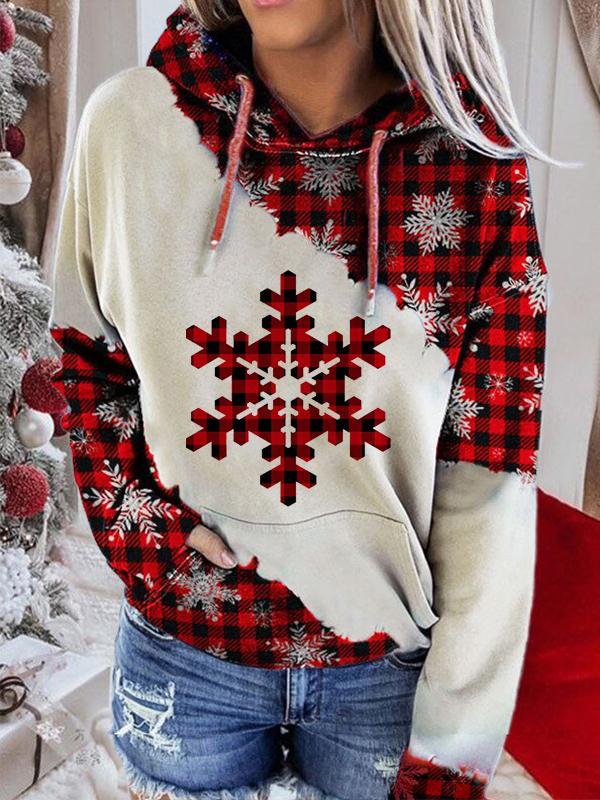 Ladies' plaid snowflake print casual hoodie