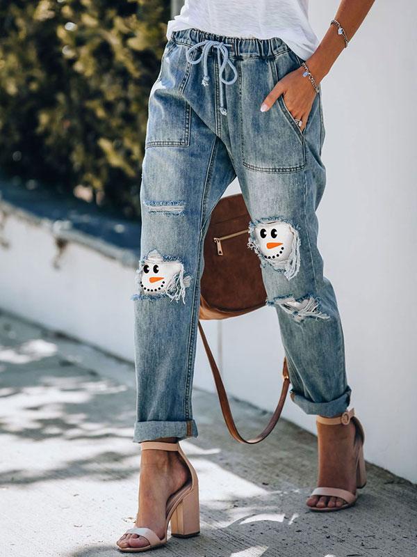 Ladies Christmas Snowman Smiley Face Printed Drawstring Ripped Jeans
