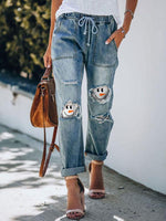 Load image into Gallery viewer, Ladies Christmas Snowman Smiley Face Printed Drawstring Ripped Jeans
