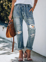 Load image into Gallery viewer, Ladies Christmas Snowman Smiley Face Printed Drawstring Ripped Jeans
