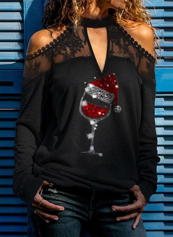 Ladies Christmas Red Wine Glass Print Lace Stitching T-shirt