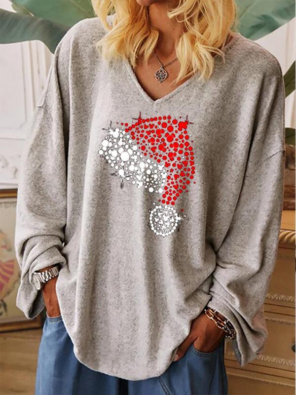 Women's Christmas Hat Print V-neck Loose T-shirt