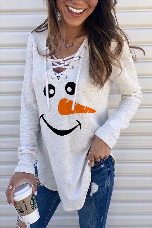 Women's Snowman Face Printed Long Sleeve Sweatshirts