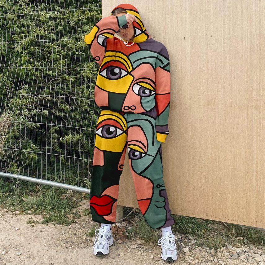 Ladies casual fashion European and American printed sweater suit