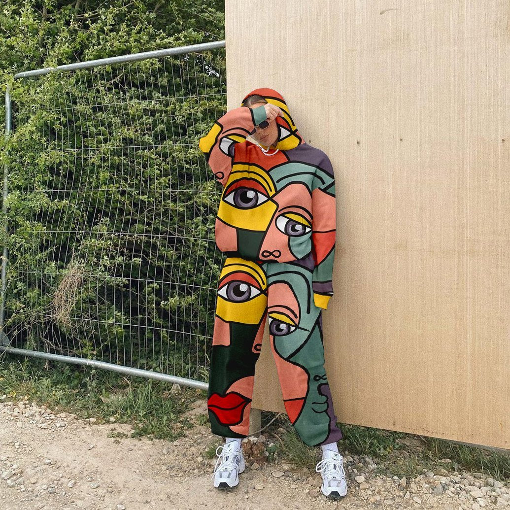 Ladies casual fashion European and American printed sweater suit