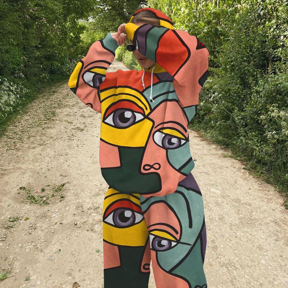 Ladies casual fashion European and American printed sweater suit