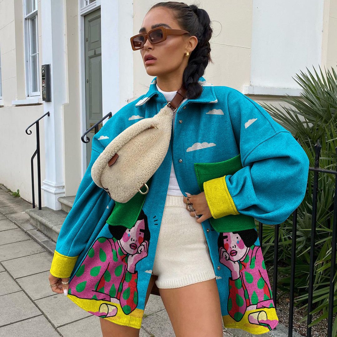 Casual street girl print pocket jacket