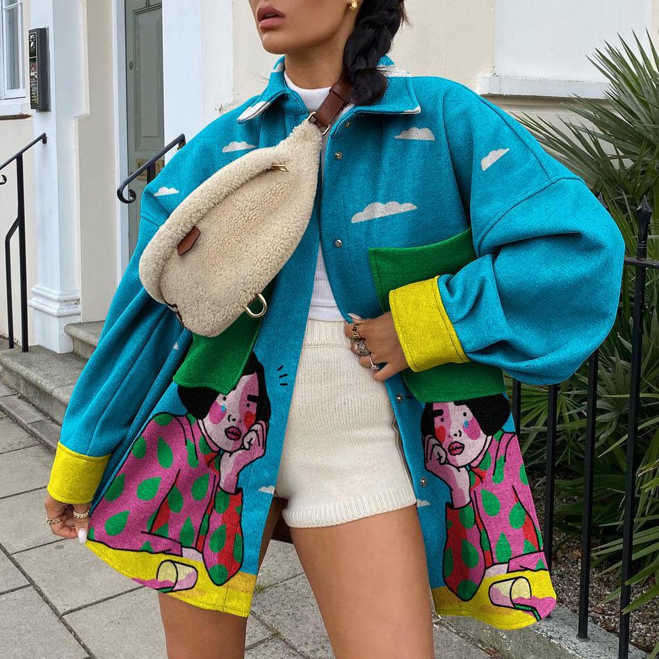 Casual street girl print pocket jacket