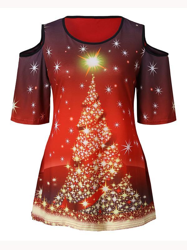 Christmas Tree Cold Shoulder T-Shirt