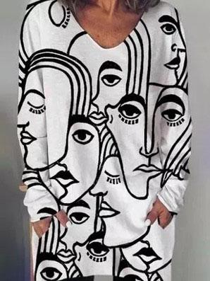 Women's face print V-neck long sleeve T-shirt