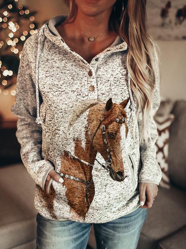 Women's Horse Print Long Sleeves Casual Hoodie