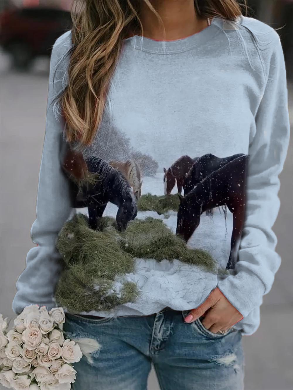 Women's horse print casual crew neck sweatshirt
