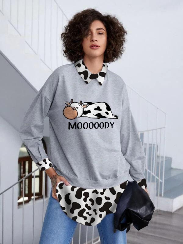 Women's Cow Print Lapel Sweatshirt