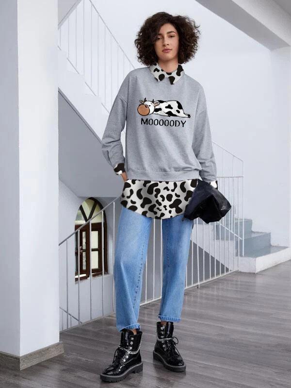 Women's Cow Print Lapel Sweatshirt