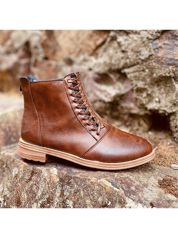 Ladies Round Toe Lace Flat Heel Martin Boots