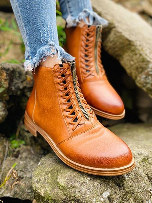 Ladies Round Toe Lace Flat Heel Martin Boots