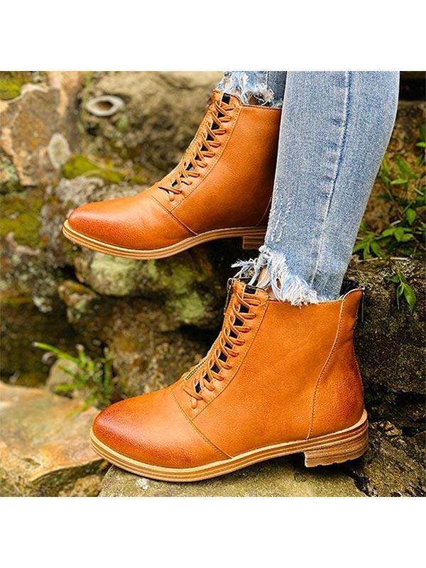 Ladies Round Toe Lace Flat Heel Martin Boots