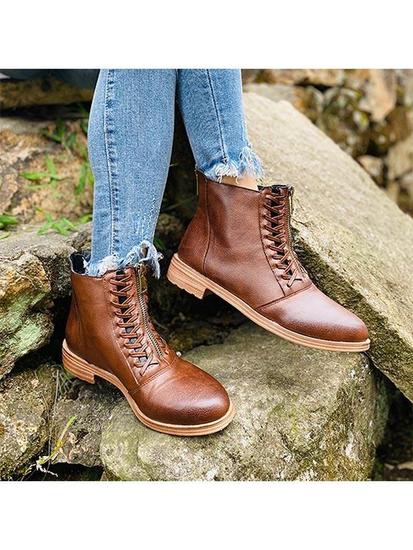 Ladies Round Toe Lace Flat Heel Martin Boots