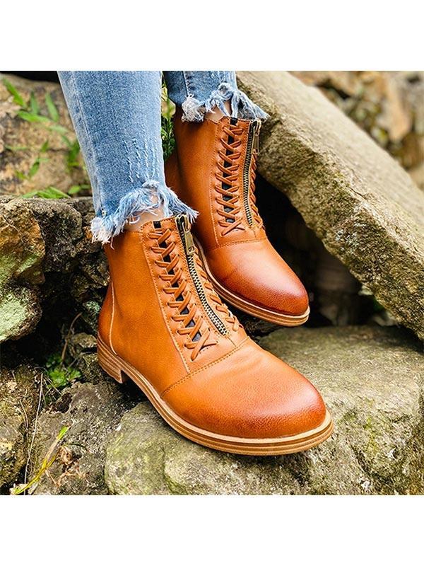 Ladies Round Toe Lace Flat Heel Martin Boots