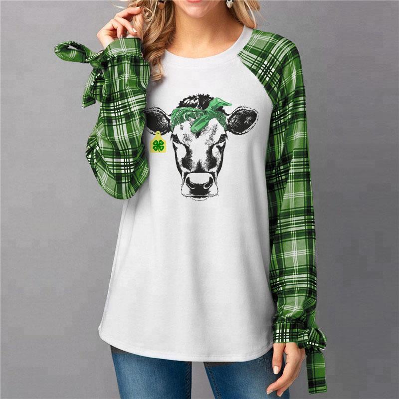 Women's four-leaf clover cow print casual sweatshirt