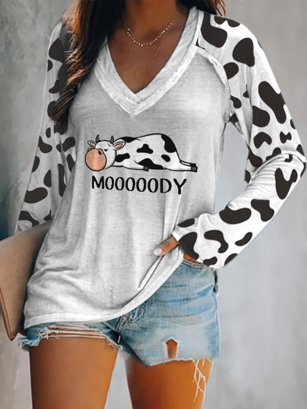 Women's Cute Cow Print V-neck T-shirt