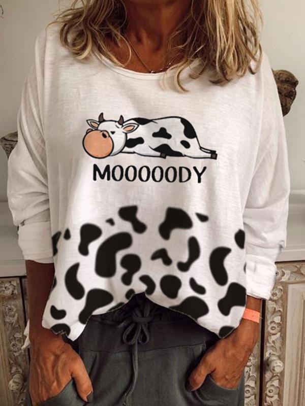Women's Casual Cow Print Crew Neck T-shirt