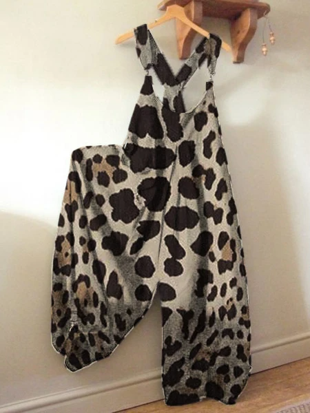 Ladies Loose Leopard Print Cow Print Jumpsuit Overalls