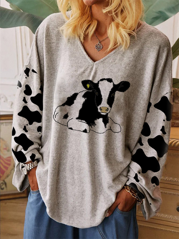 Ladies loose cow print patchwork sweatshirt