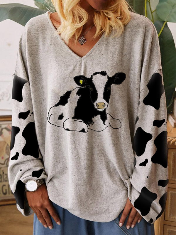 Ladies loose cow print patchwork sweatshirt