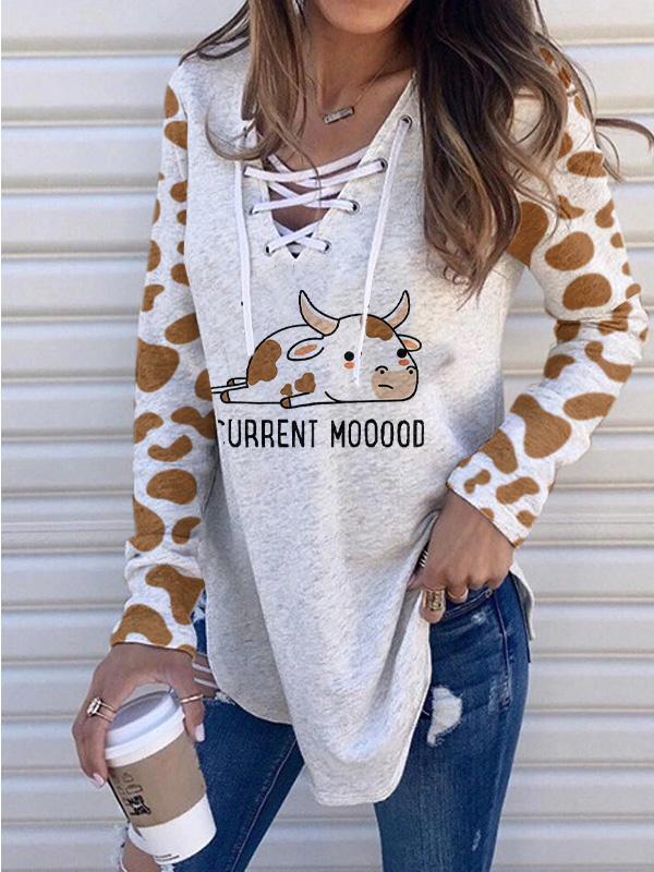 Ladies Current Mooood Cow Print Long Sleeve T-shirt