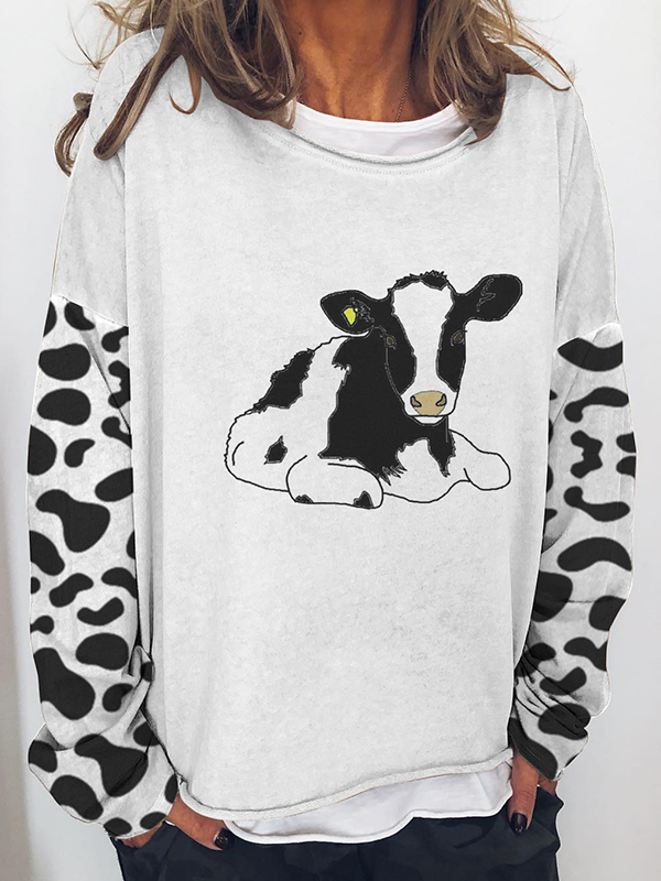 Ladies cow print stitching long-sleeved sweatshirt