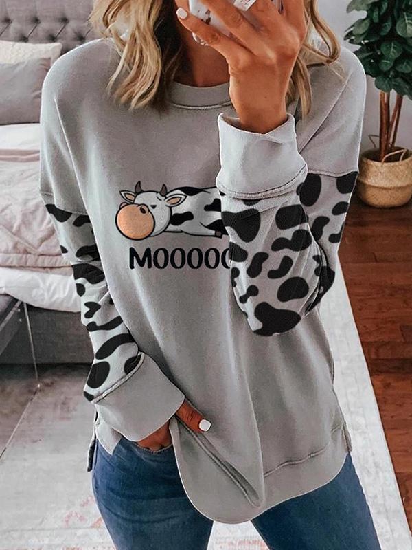 Ladies cow print patchwork sweatshirt