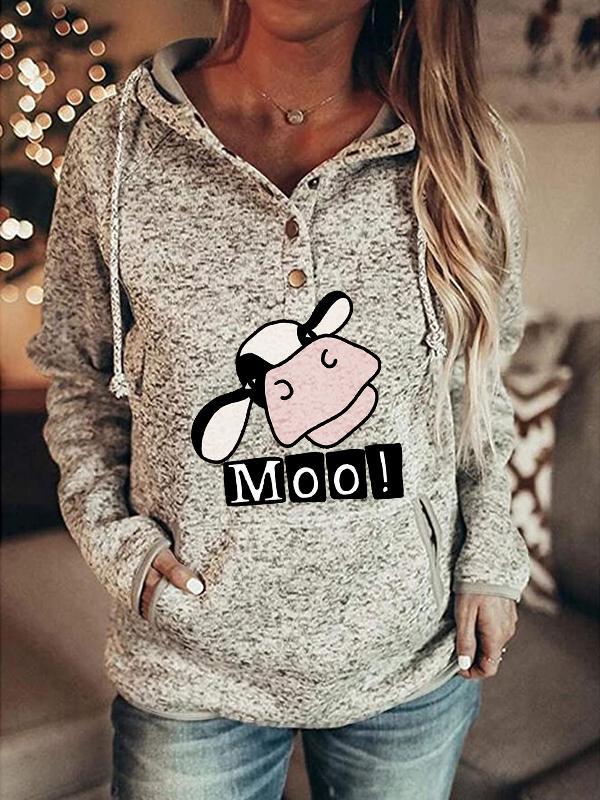 Women's Fall/Winter Cap Collar Cow Print Sweatshirt