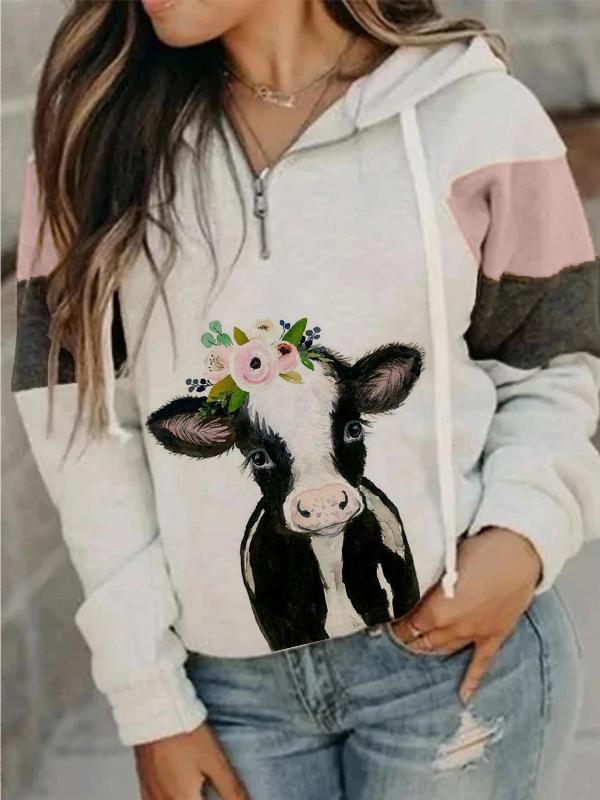 Women's Casual Cap Collar Cow Print Sweatshirt