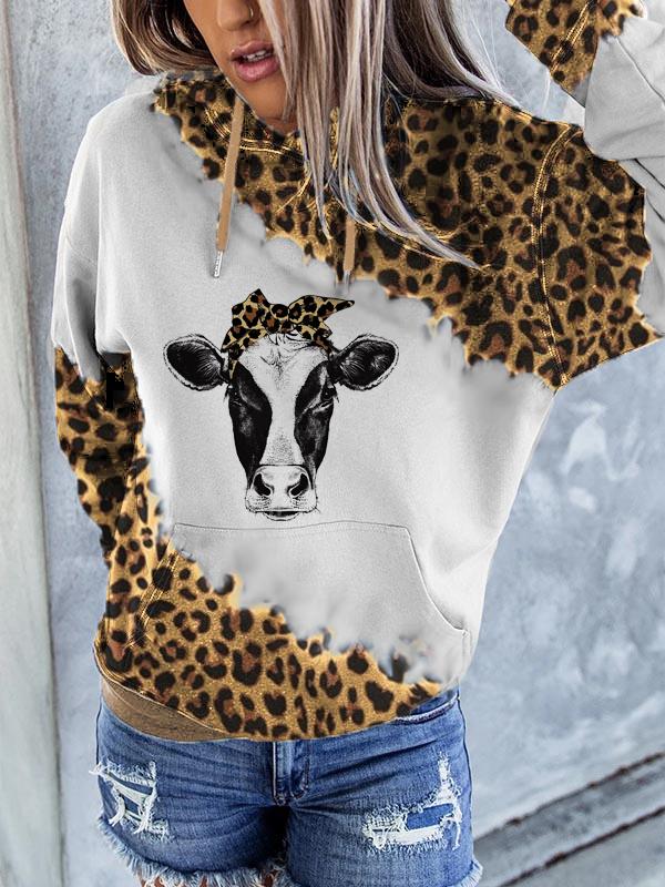 Women's Cow Print Leopard Grain Tie-dye Casual Long Sleeves Hoodie