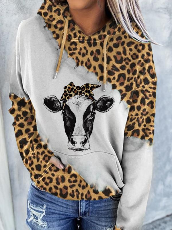 Women's Cow Print Leopard Grain Tie-dye Casual Long Sleeves Hoodie