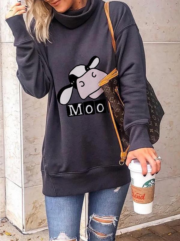 Women's Warm Turtleneck Cow Print Sweatshirt