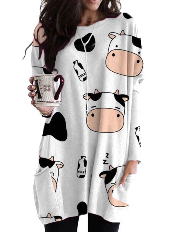 Women's Casual Long Cute Cow Print T-shirt