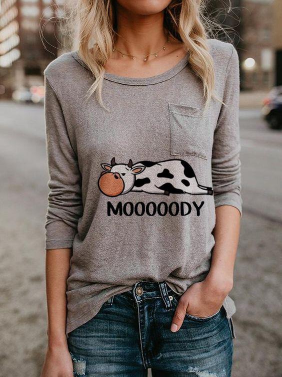 Women's Casual Cute Cow MOOOOODY Print T-shirt