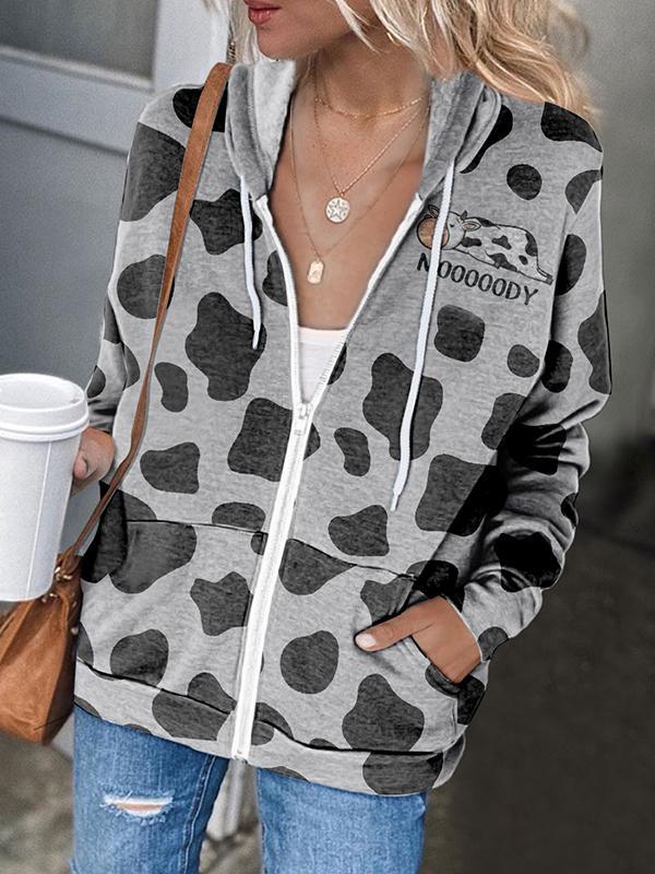 Women's Cozy Cow Graffiti Print Zip up Pocketed Hooded Jacket