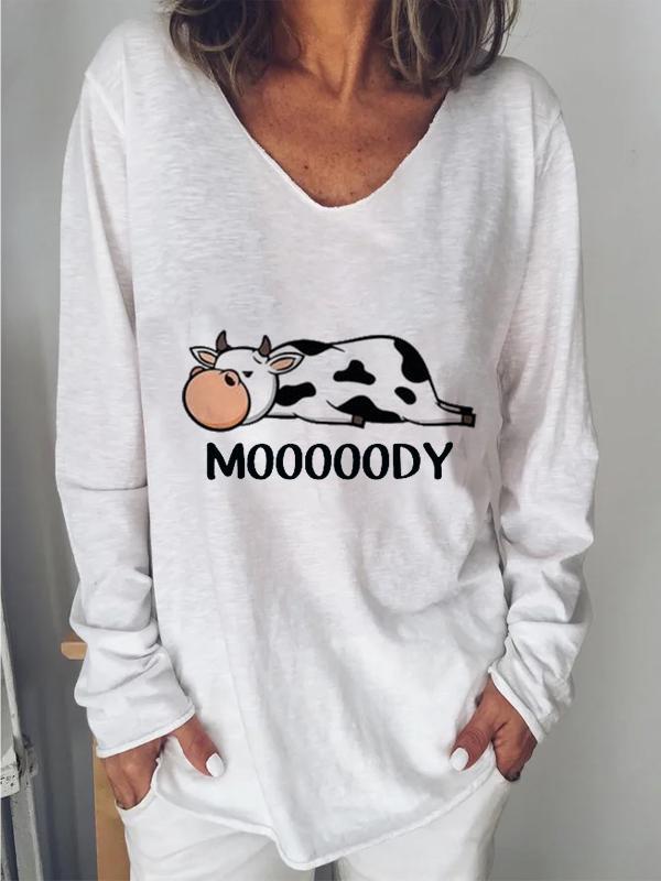 Women's Loose V-neck Cow Print T-shirt