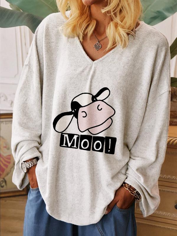 Women's Comfortable V-neck Cow Print T-shirt