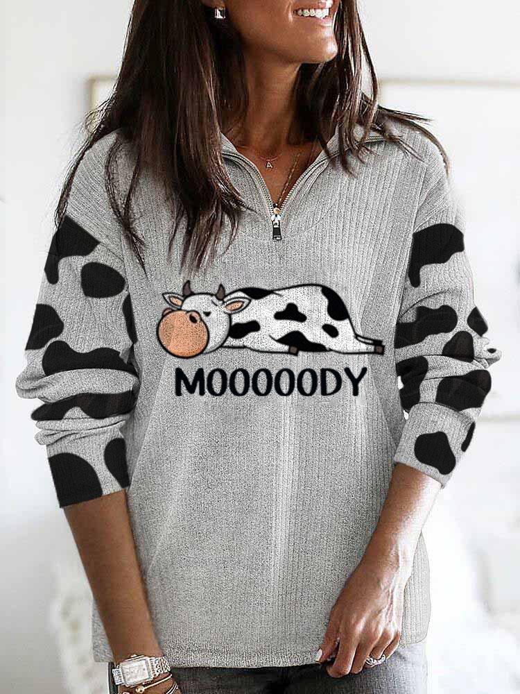 Women's Moooooody Cow Print V-neck Casual Sweatshirt
