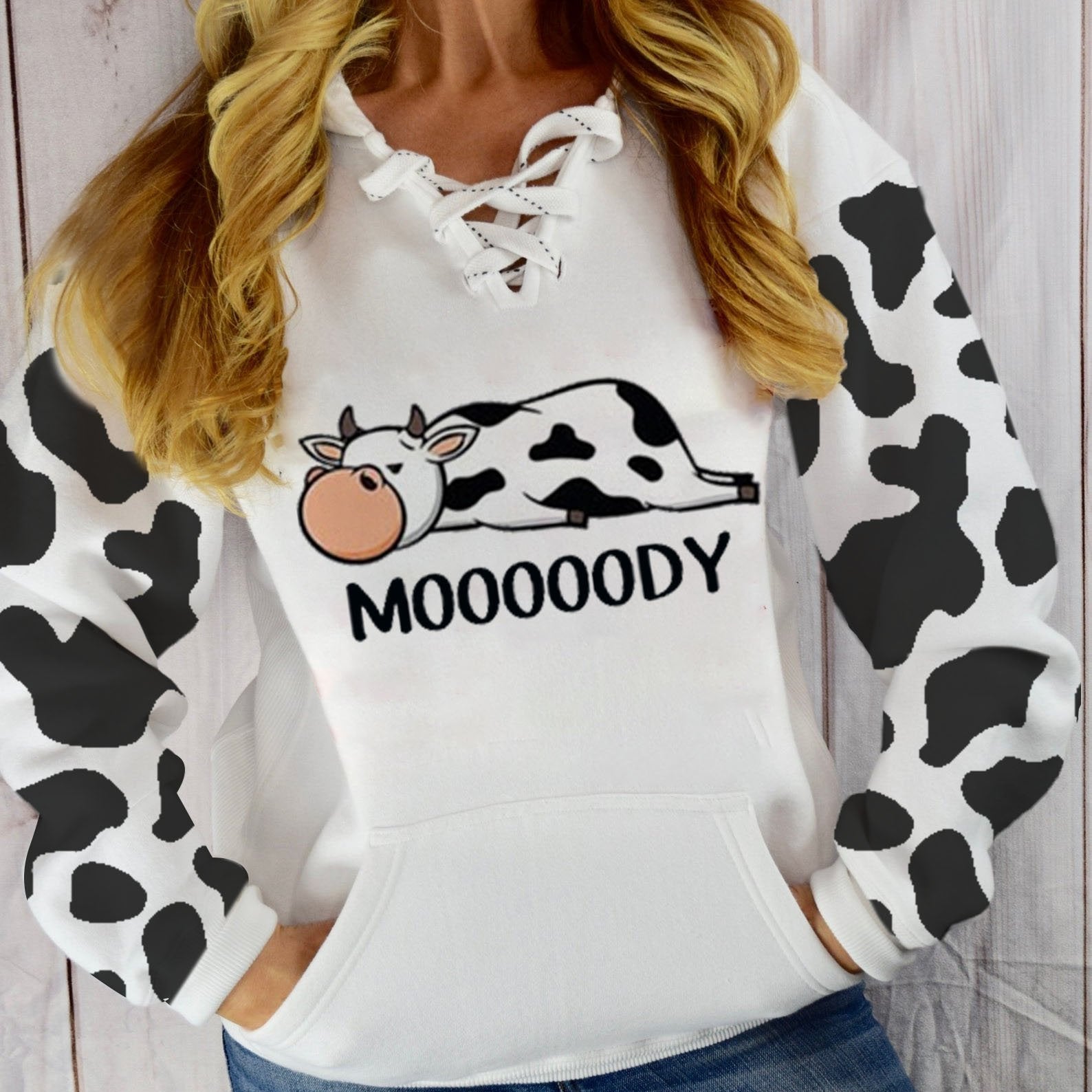Women's MOOOOODY Cow V-neck Tie Casual Sweatshirt